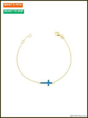 14K Yellow Gold Blue Enamel Cross Bracelet 7"